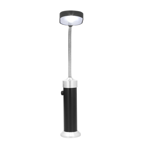 HR-028, Lámpara portátil metálica con luz LED que enciende con 3 baterías AAA (no incluidas), botón de encendido de click, soporte flexible e imán en la parte inferior.