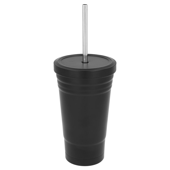 T-73, Vaso de acero inoxidable con doble pared. Incluye popote metálico. Capacidad de 500 ml