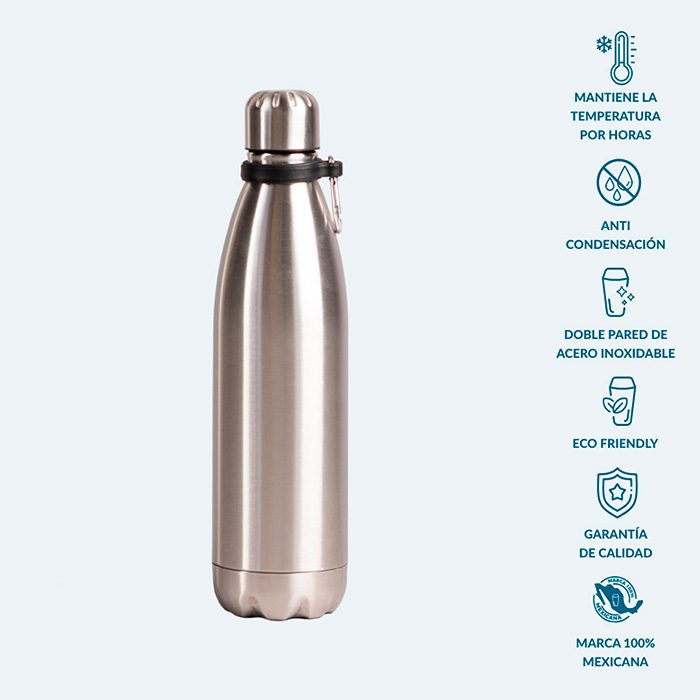 62326, Botella para agua o bebidas, fabricados con acero inoxidable de grado cocina libre de BPA, cuenta con una doble pared grado 18/8 anti condensación, la cual permite mantener la temperatura ideal de tu bebida hasta el último trago, aislando el calor y el frío del ambiente. Su composición de alta calidad lo vuelve resistente a la perforación y corrosión, brindado un producto de alta durabilidad. Cuenta con un diseño  ergonómico de fácil agarre y una tapa de cierre hermético. Producto de fácil lavado, permitido en lavavajillas. Capacidad de 769 ml.